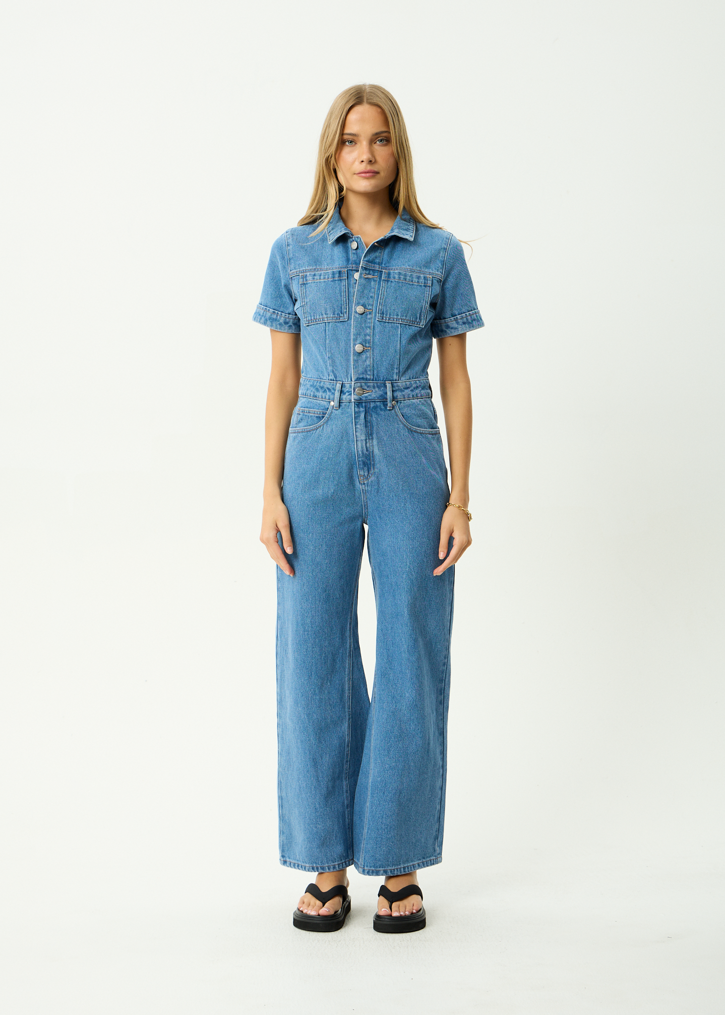 AFENDS Womens Miami - Denim Flared Leg Jumpsuit - Worn Blue