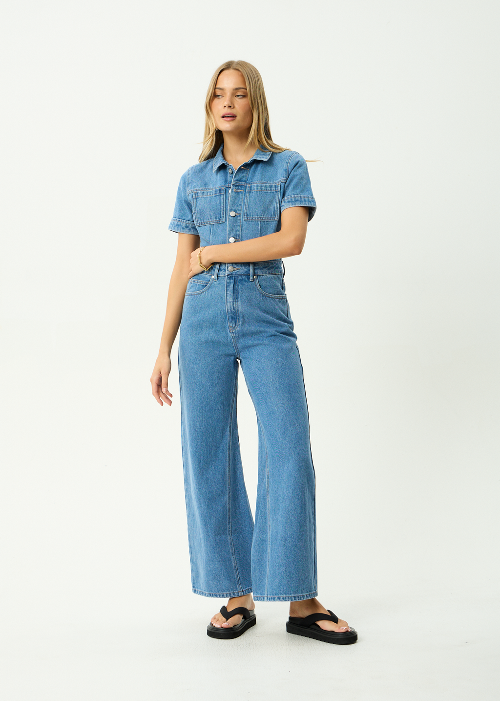 AFENDS Womens Miami - Denim Flared Leg Jumpsuit - Worn Blue
