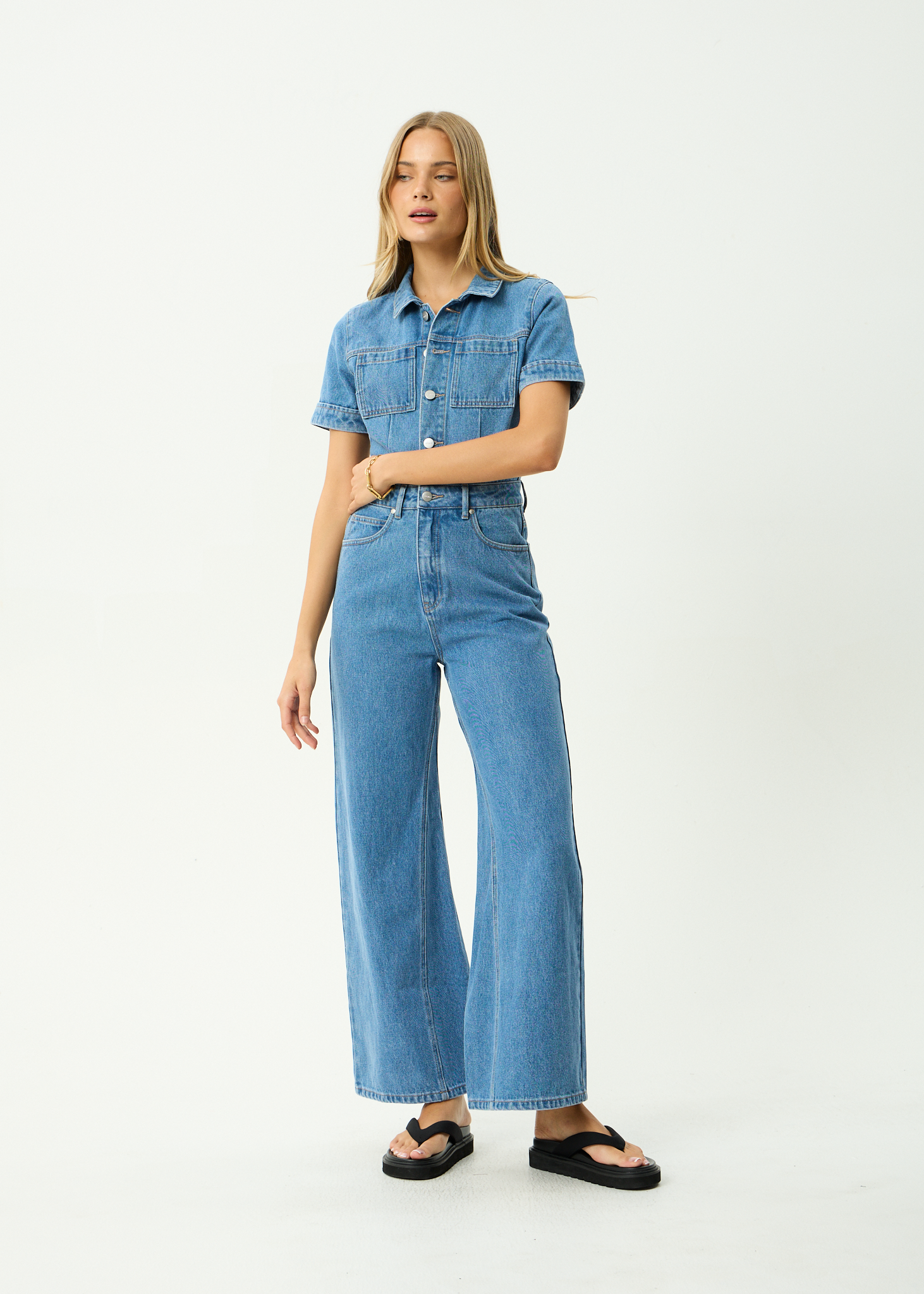 AFENDS Womens Miami - Denim Flared Leg Jumpsuit - Worn Blue
