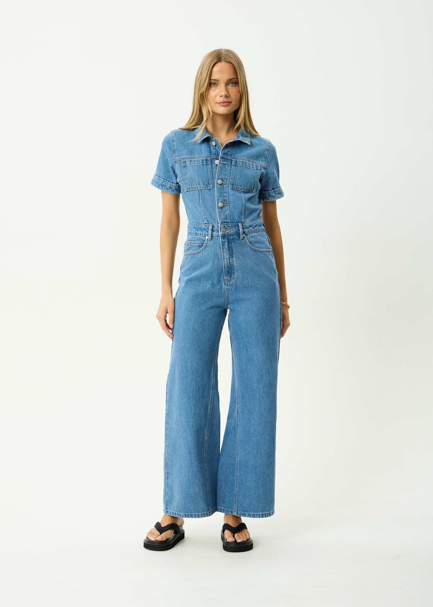 AFENDS Womens Miami - Denim Flared Leg Jumpsuit - Worn Blue