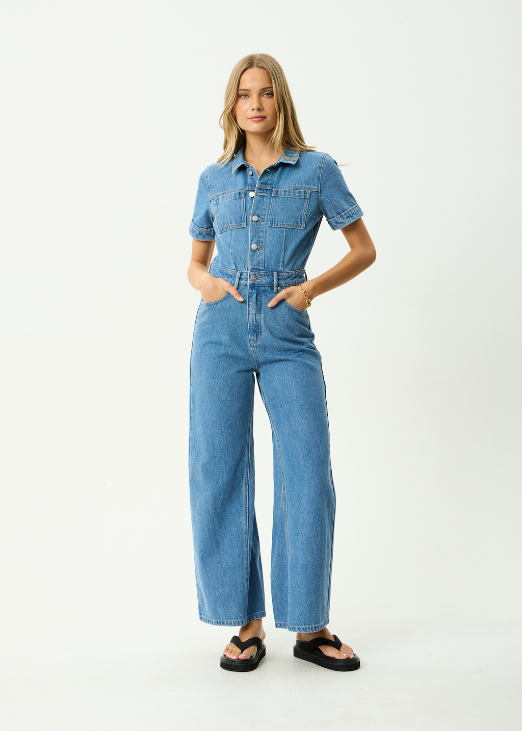 AFENDS Womens Miami - Denim Flared Leg Jumpsuit - Worn Blue