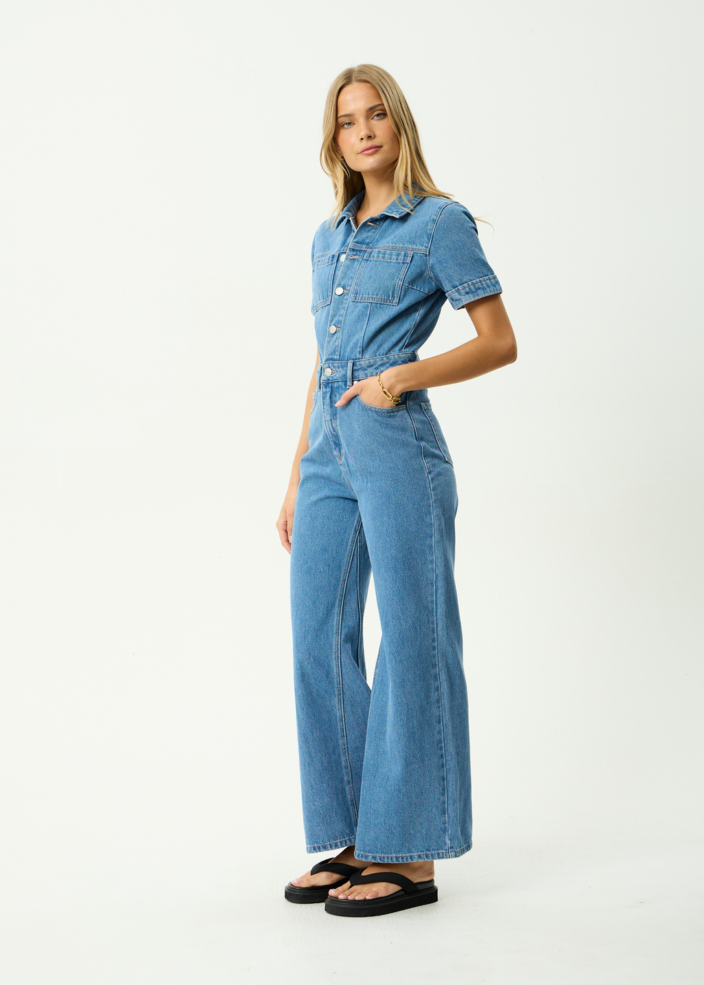 AFENDS Womens Miami - Denim Flared Leg Jumpsuit - Worn Blue
