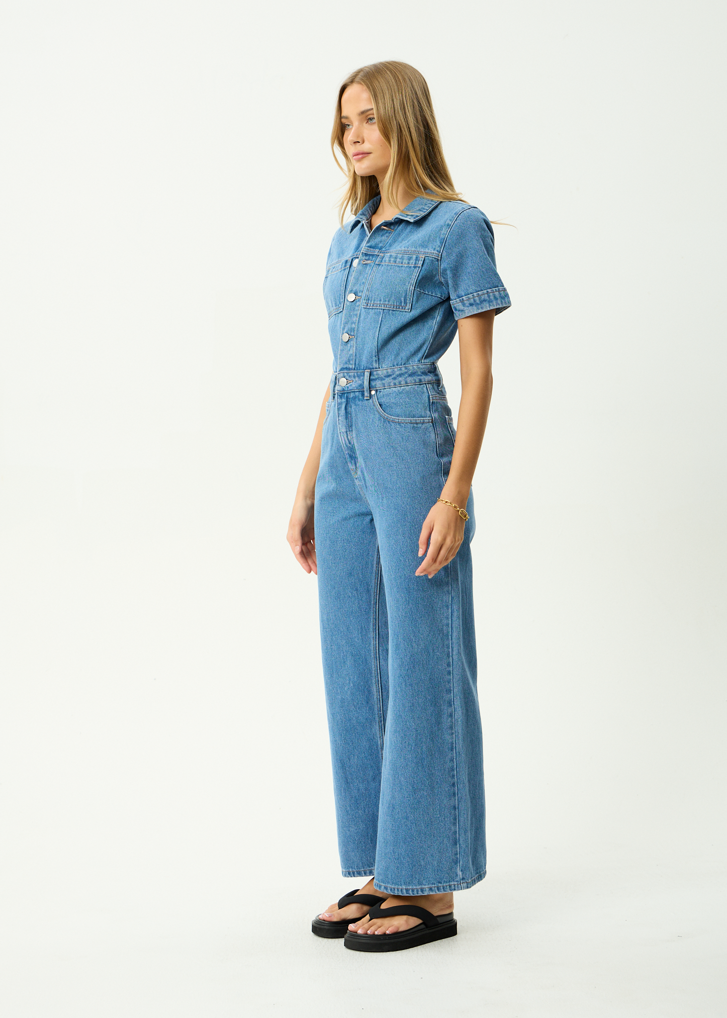 AFENDS Womens Miami - Denim Flared Leg Jumpsuit - Worn Blue