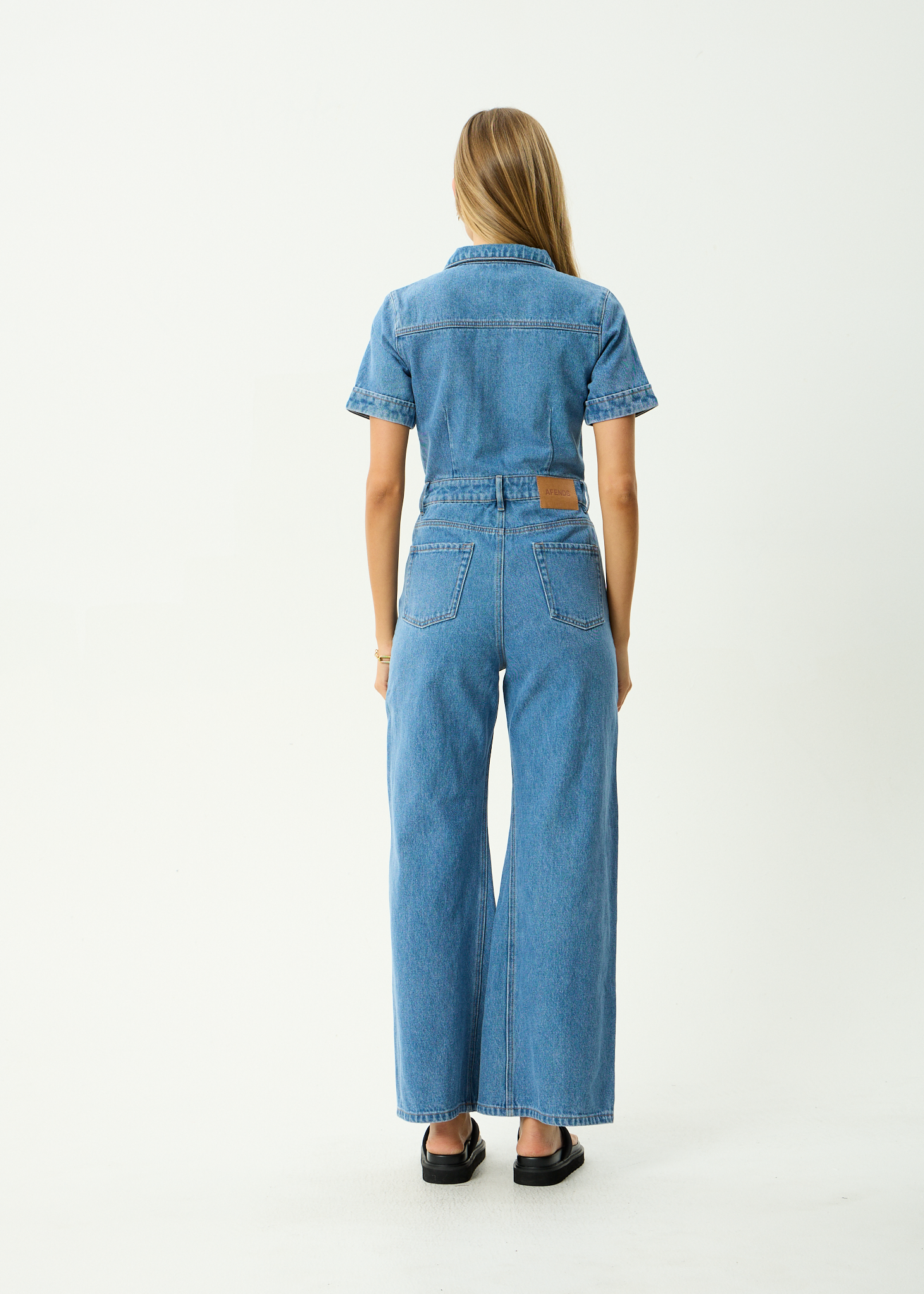 AFENDS Womens Miami - Denim Flared Leg Jumpsuit - Worn Blue