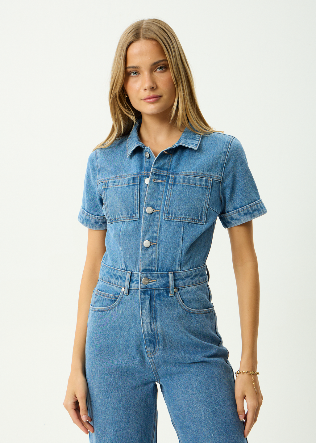 AFENDS Womens Miami - Denim Flared Leg Jumpsuit - Worn Blue
