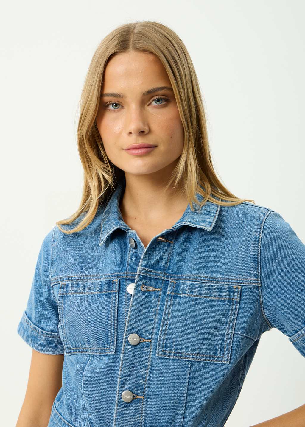 AFENDS Womens Miami - Denim Flared Leg Jumpsuit - Worn Blue