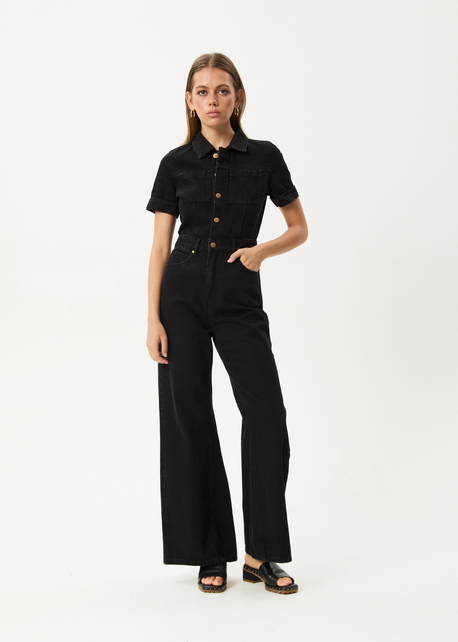 AFENDS Womens Miami Denim Flared Jumpsuit Washed Black