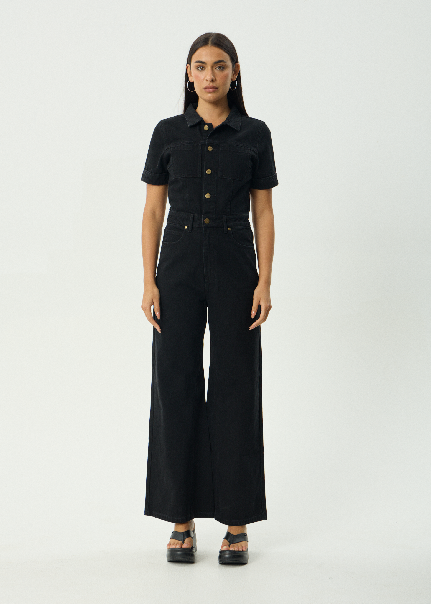 AFENDS Womens Miami - Denim Flared Jumpsuit - Washed Black
