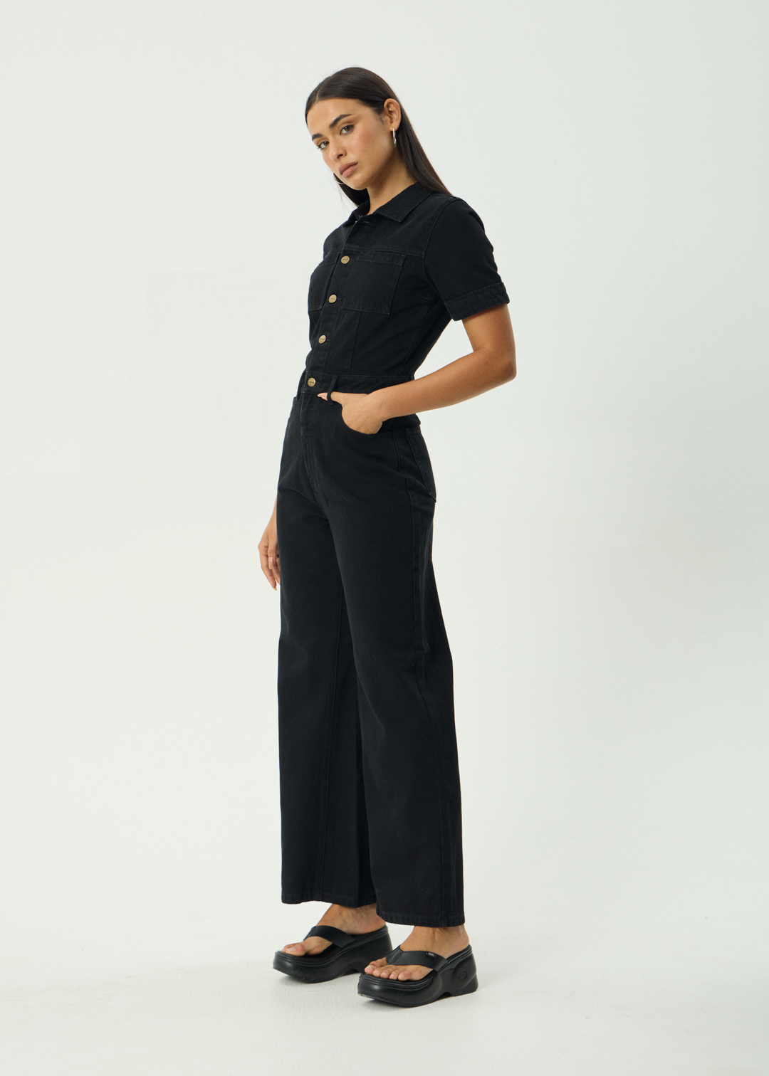 AFENDS Womens Miami - Denim Flared Jumpsuit - Washed Black
