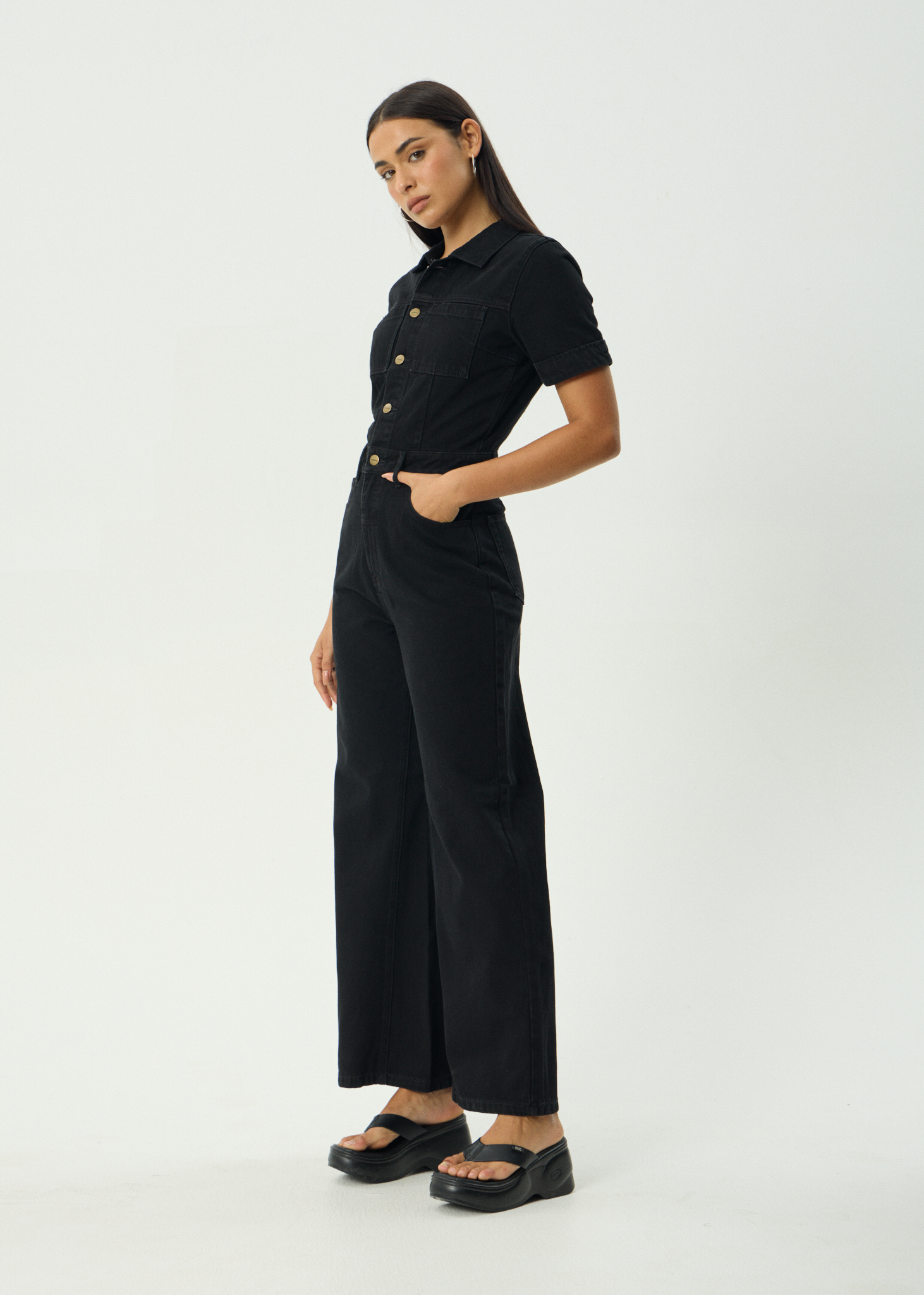 AFENDS Womens Miami - Denim Flared Jumpsuit - Washed Black