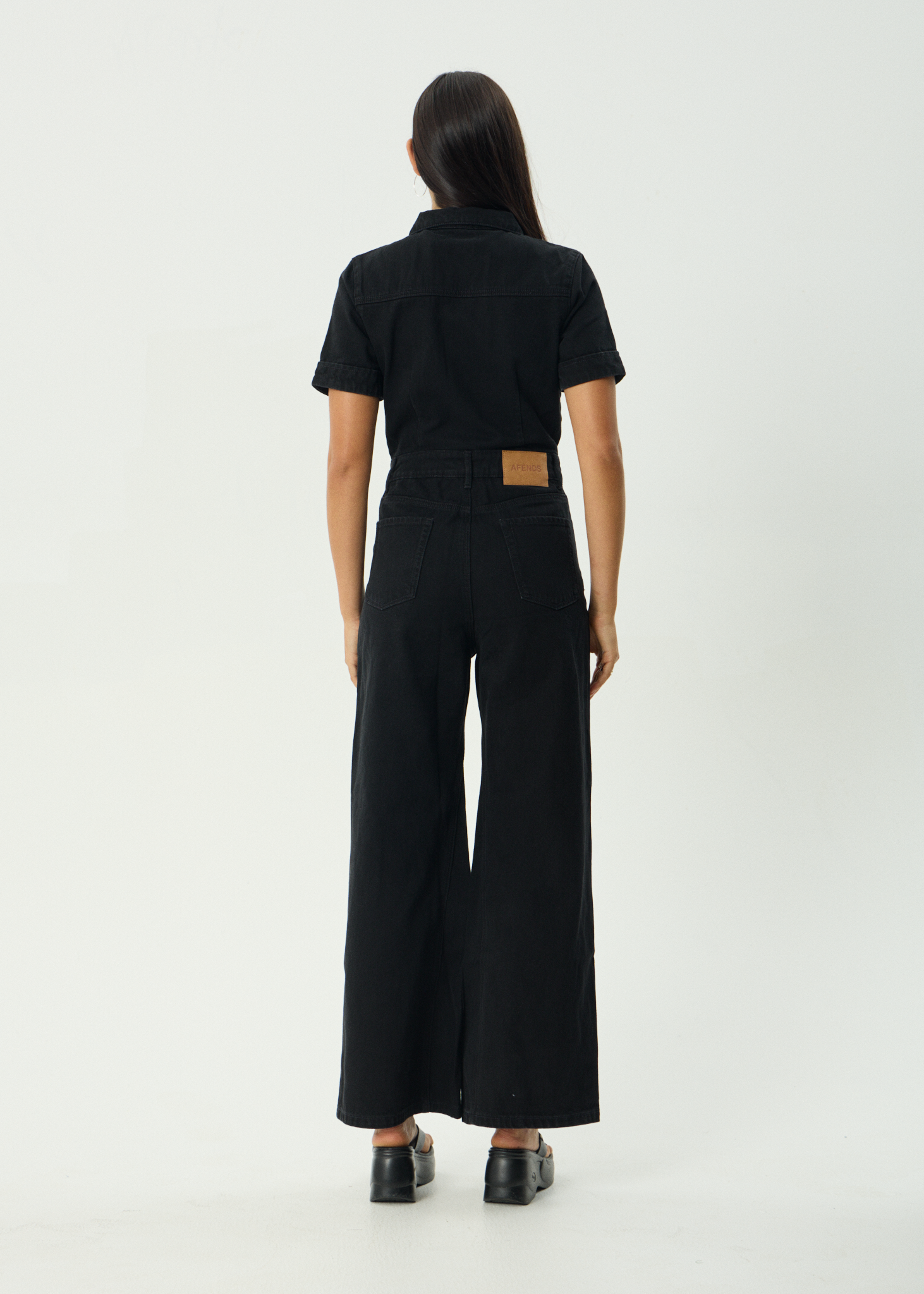 AFENDS Womens Miami - Denim Flared Jumpsuit - Washed Black
