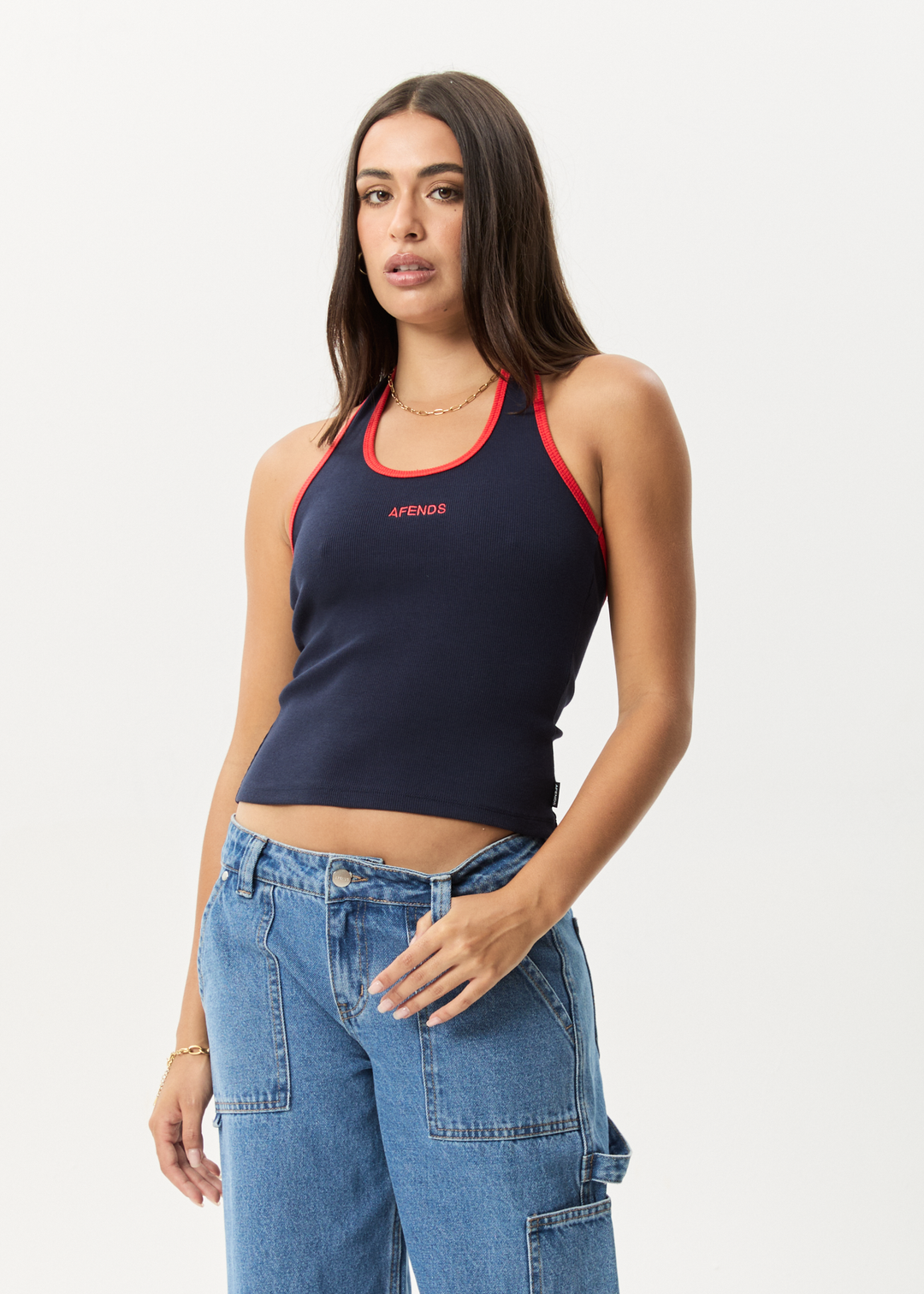 AFENDS Womens Basis - Organic Rib Halter - Navy / Tomato