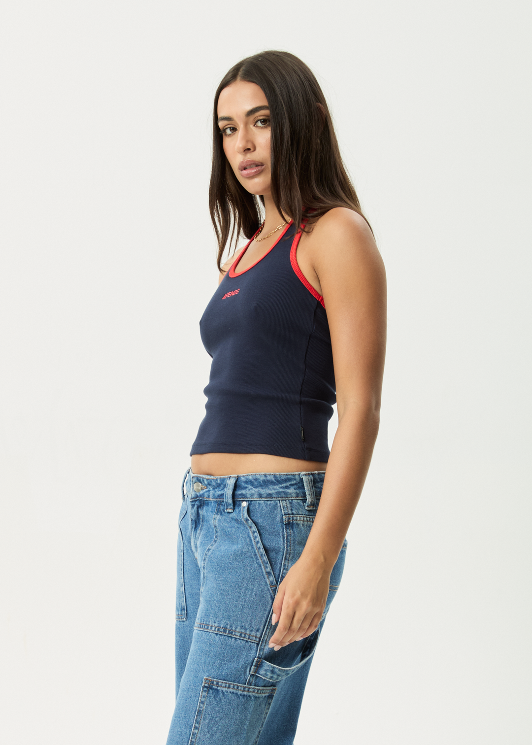 AFENDS Womens Basis - Organic Rib Halter - Navy / Tomato