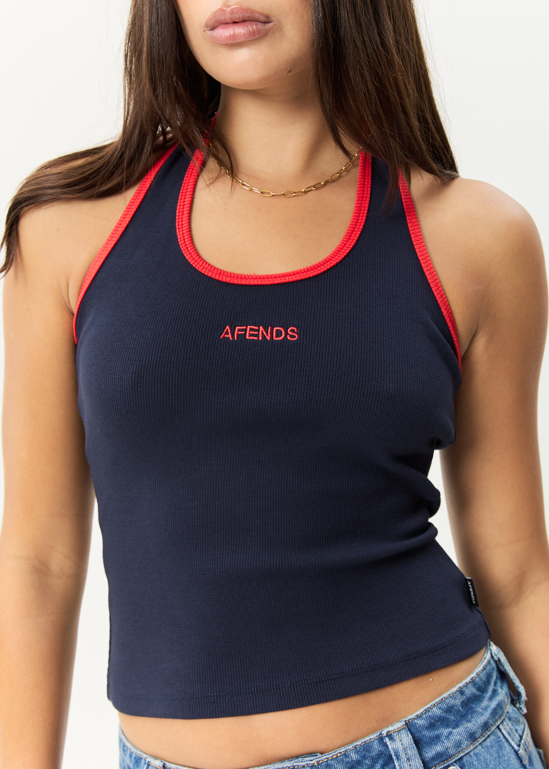 AFENDS Womens Basis - Organic Rib Halter - Navy / Tomato