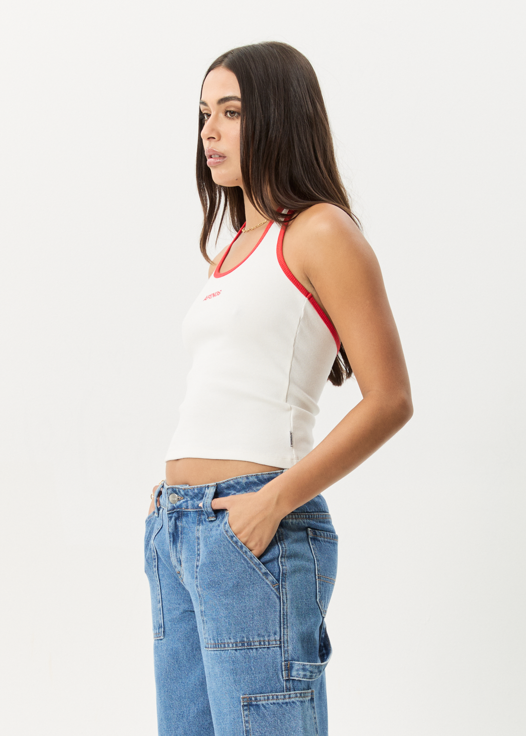 AFENDS Womens Basis - Organic Rib Halter - White / Tomato