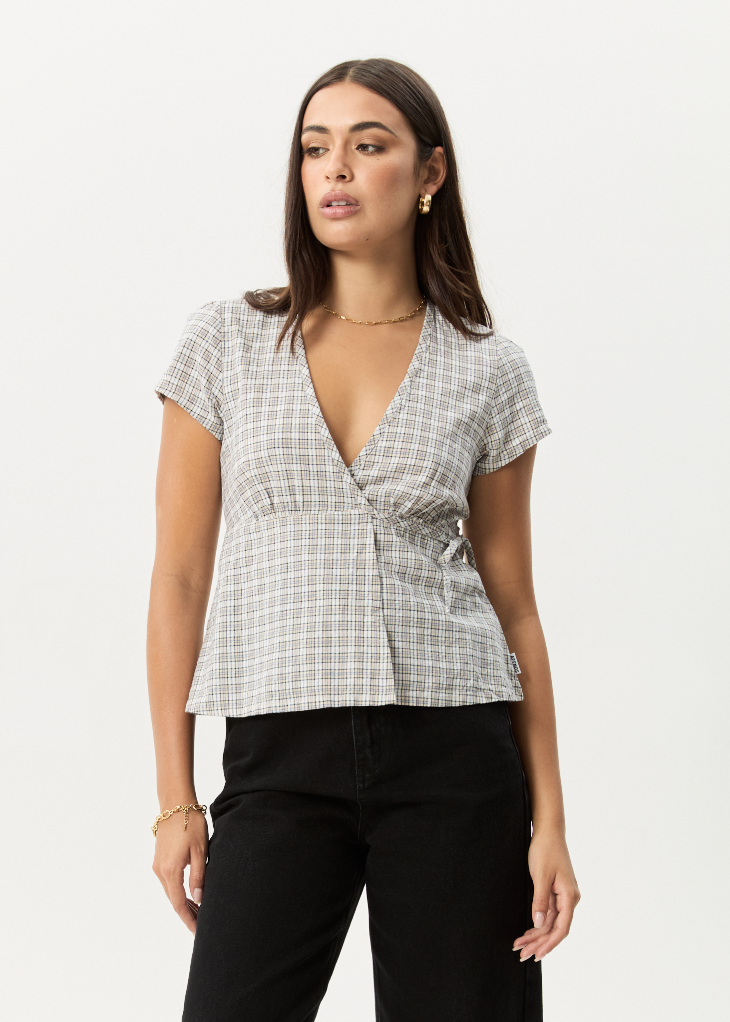 AFENDS Womens Drew - Seersucker Tie Top - Taupe Check