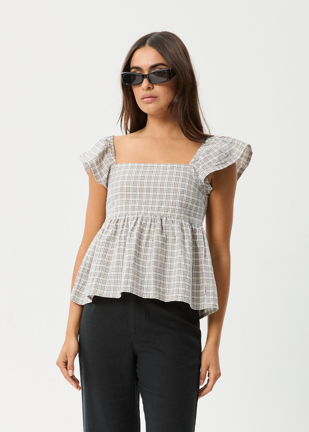 AFENDS Womens Drew - Seersucker Top - Taupe Check