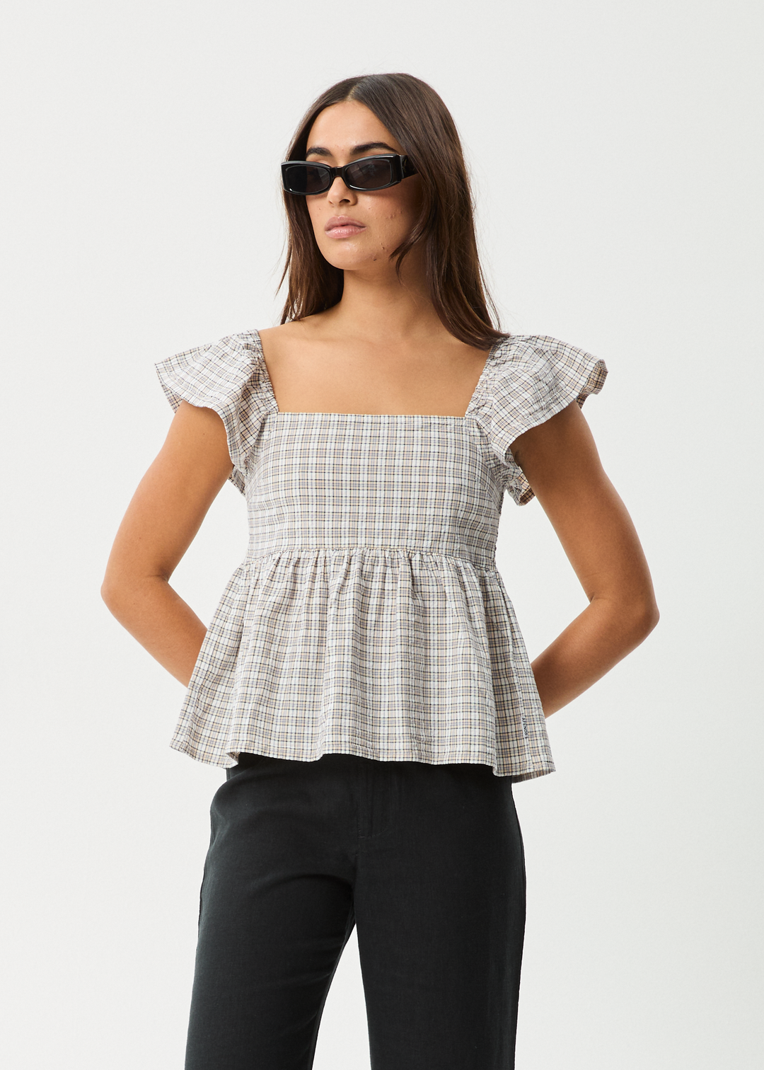 AFENDS Womens Drew - Seersucker Top - Taupe Check