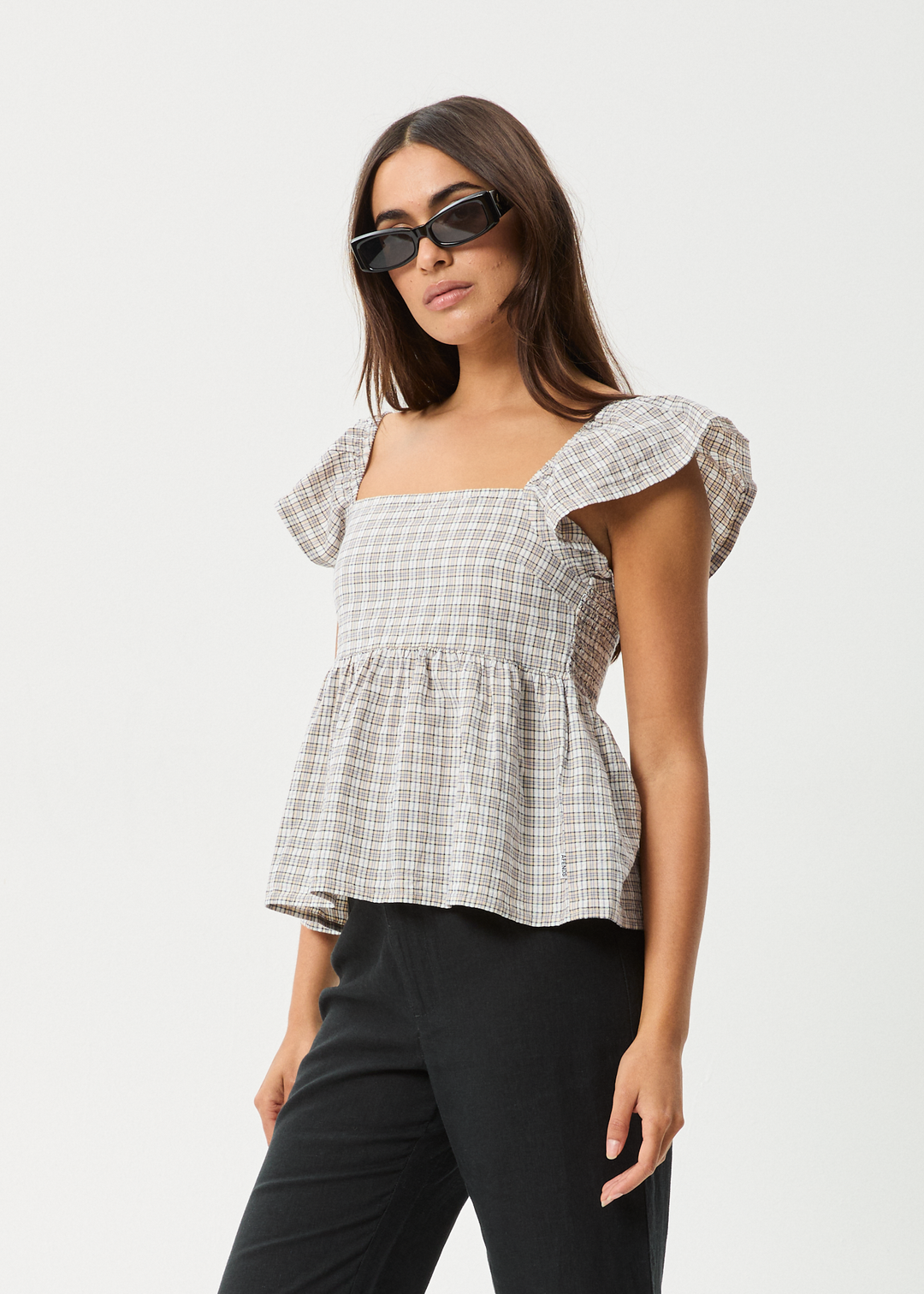 AFENDS Womens Drew - Seersucker Top - Taupe Check