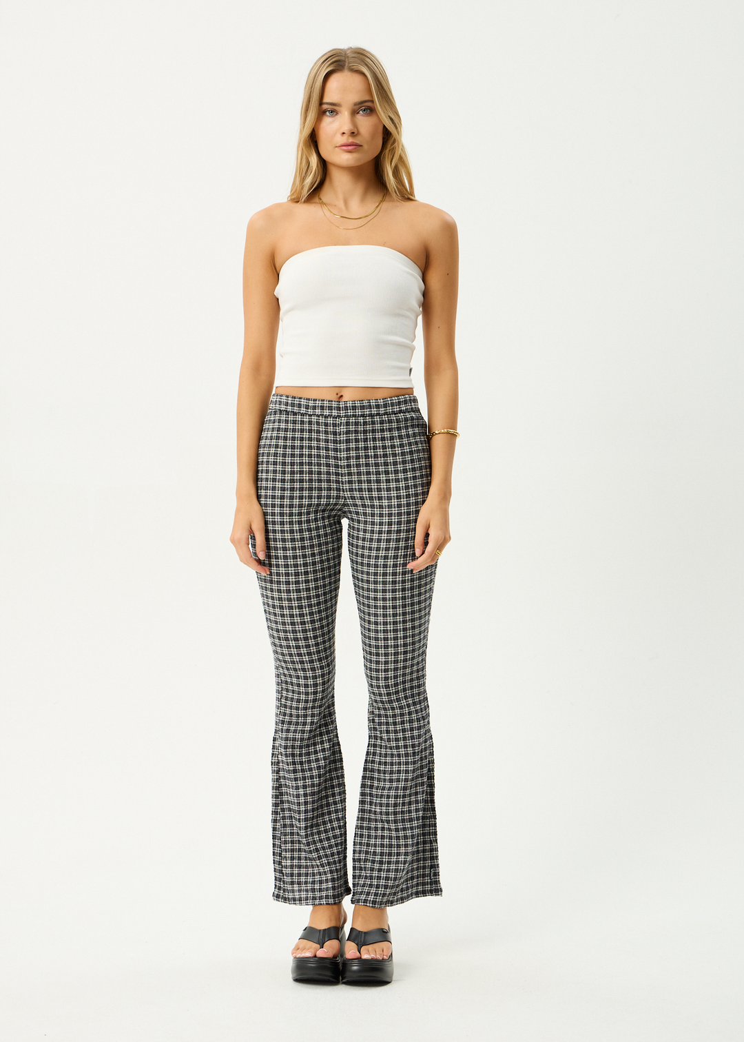 AFENDS Womens Asta - Seersucker Flare Pant - Steel Check