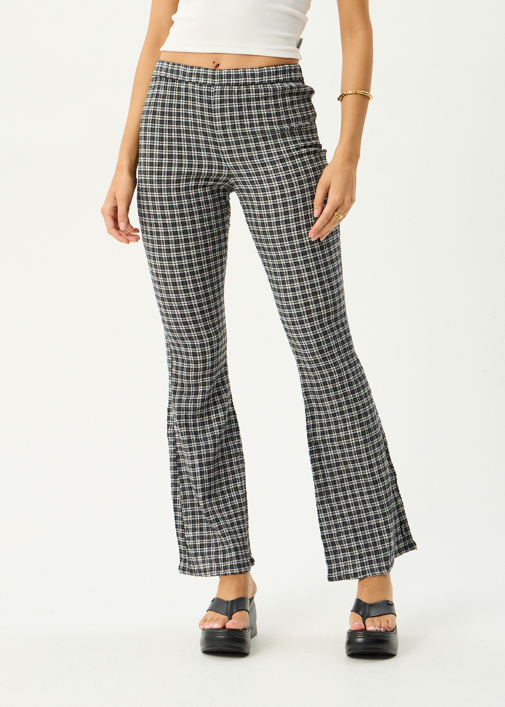 AFENDS Womens Asta - Seersucker Flare Pant - Steel Check