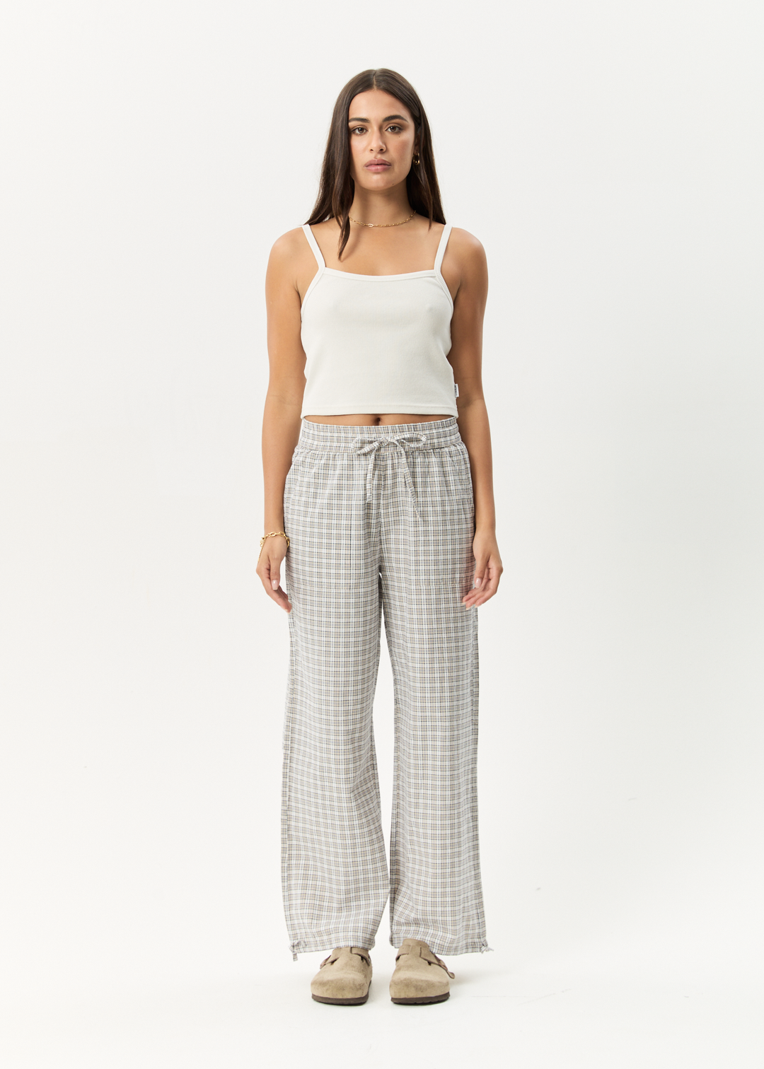 AFENDS Womens Drew - Seersucker Wide Leg Pants - Taupe Check