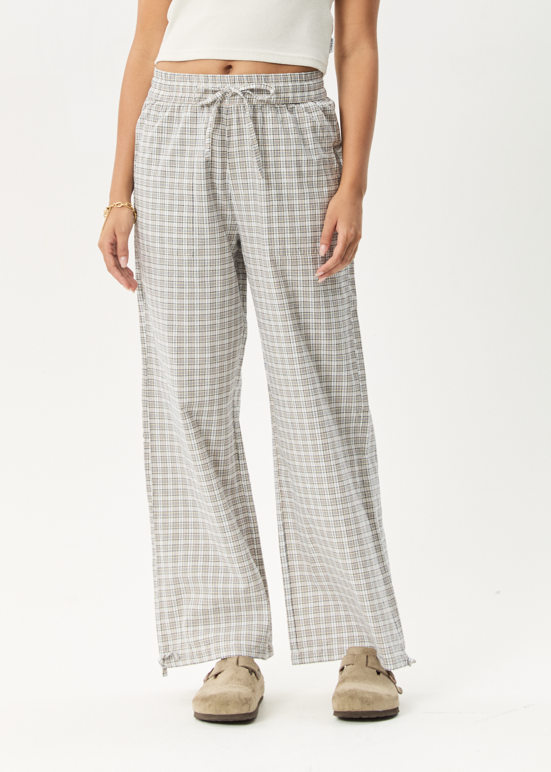 AFENDS Womens Drew - Seersucker Wide Leg Pants - Taupe Check