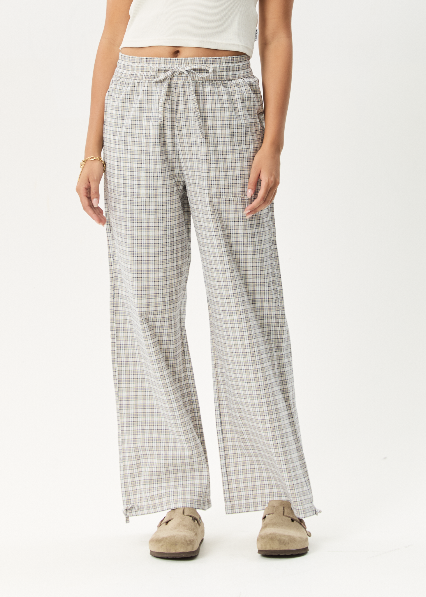AFENDS Womens Drew - Seersucker Wide Leg Pant - Taupe Check