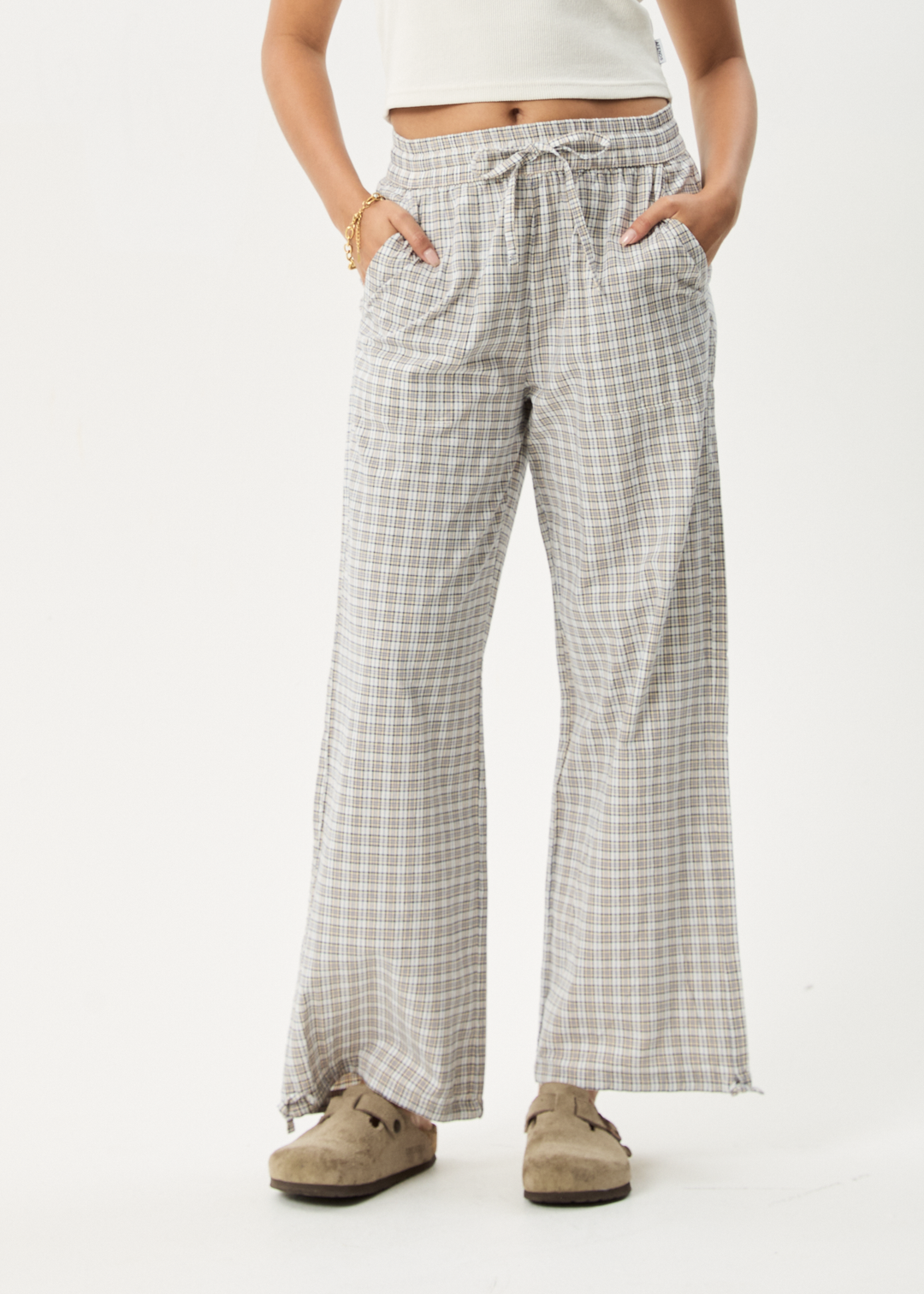 AFENDS Womens Drew - Seersucker Wide Leg Pants - Taupe Check