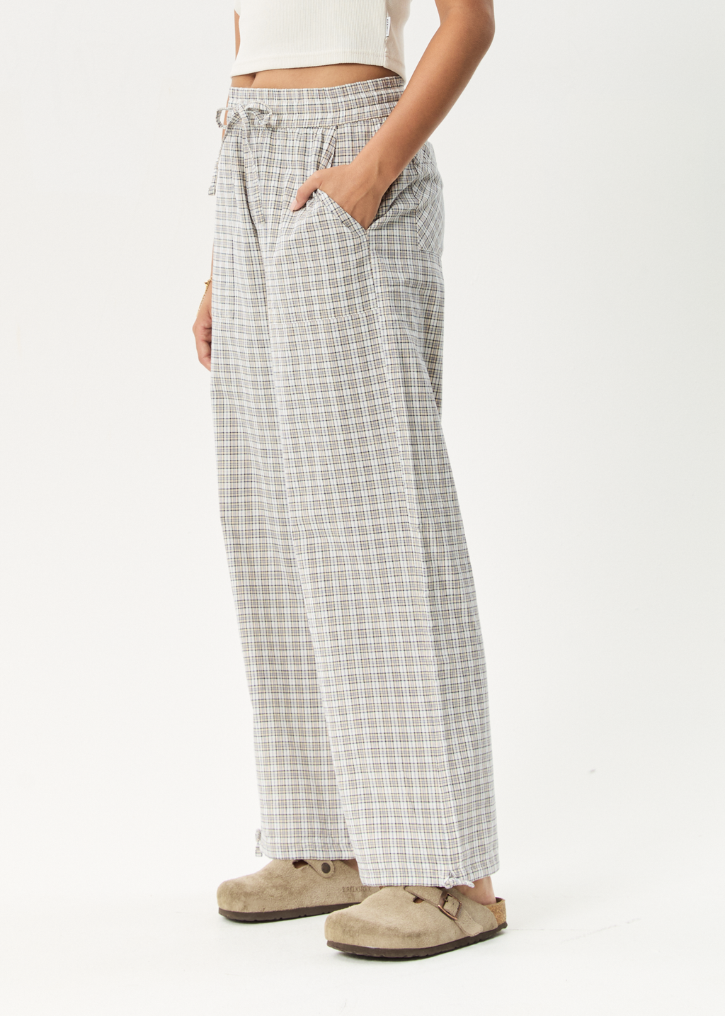 AFENDS Womens Drew - Seersucker Wide Leg Pant - Taupe Check