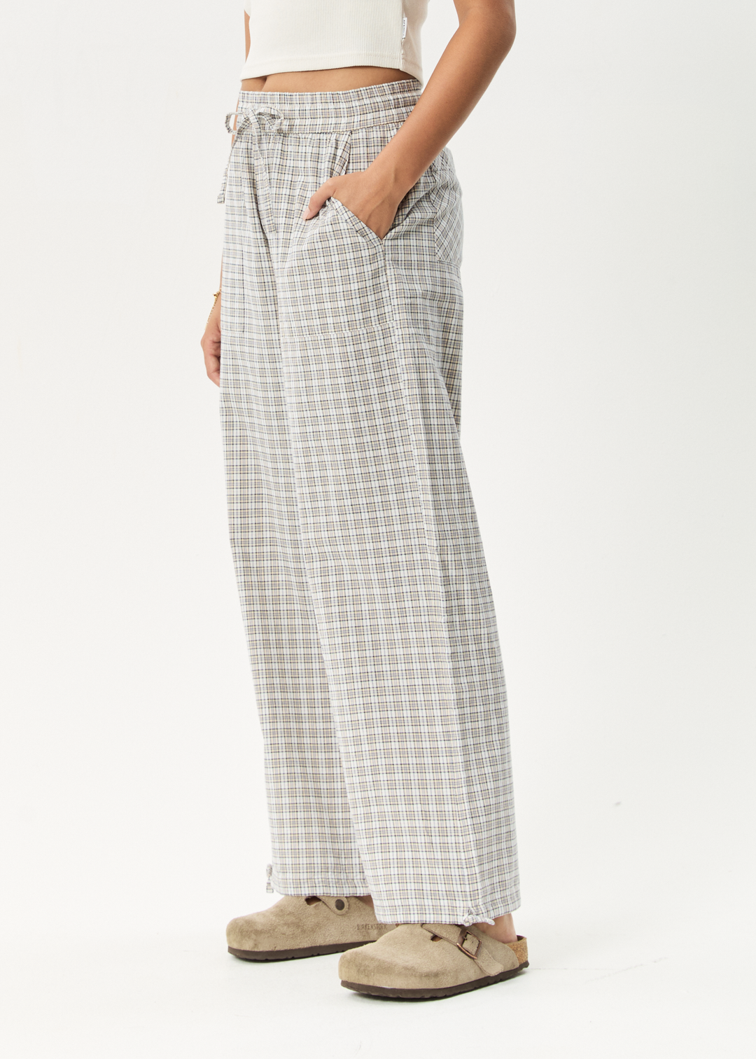 AFENDS Womens Drew - Seersucker Wide Leg Pants - Taupe Check