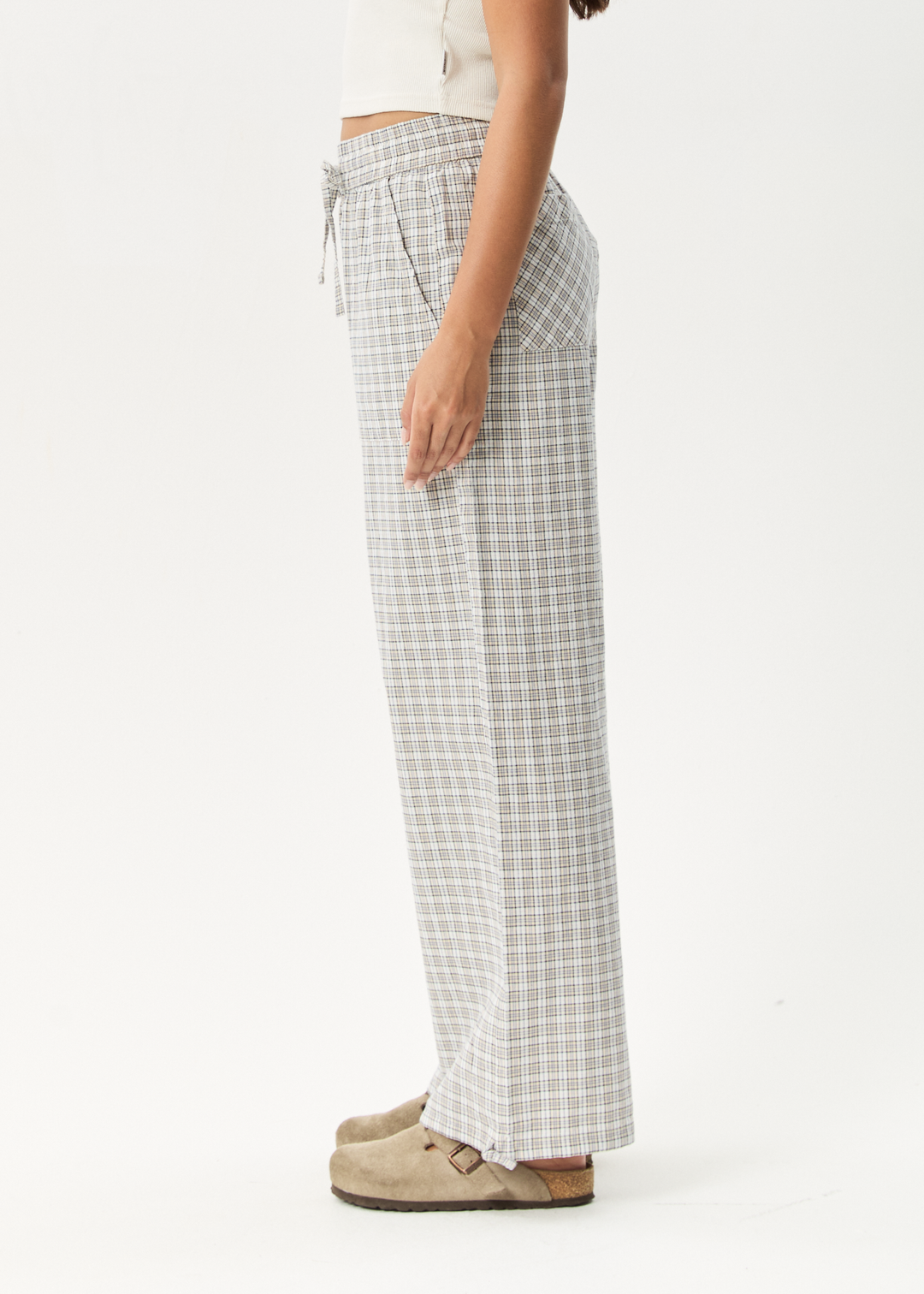 AFENDS Womens Drew - Seersucker Wide Leg Pants - Taupe Check