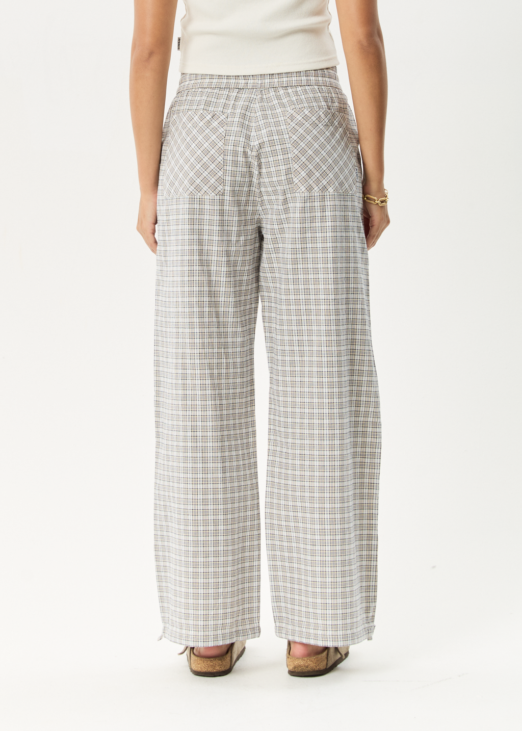 AFENDS Womens Drew - Seersucker Wide Leg Pant - Taupe Check