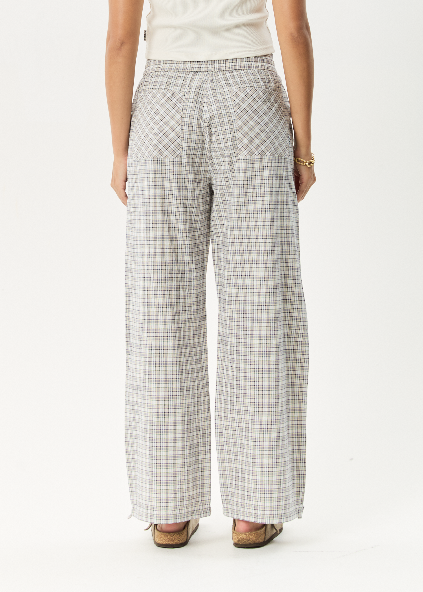 AFENDS Womens Drew - Seersucker Wide Leg Pant - Taupe Check