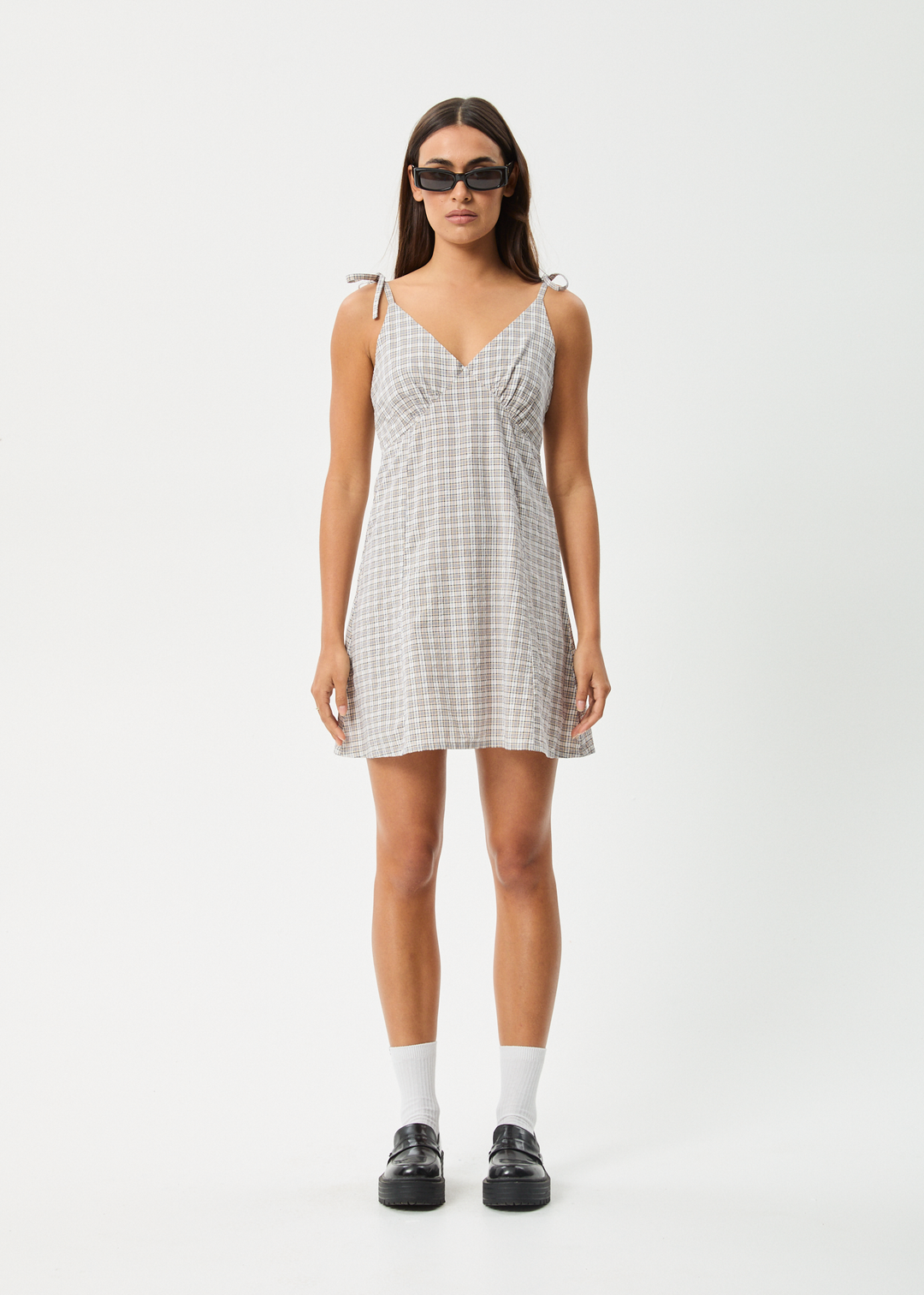 AFENDS Womens Drew - Seersucker Mini Dress - Taupe Check