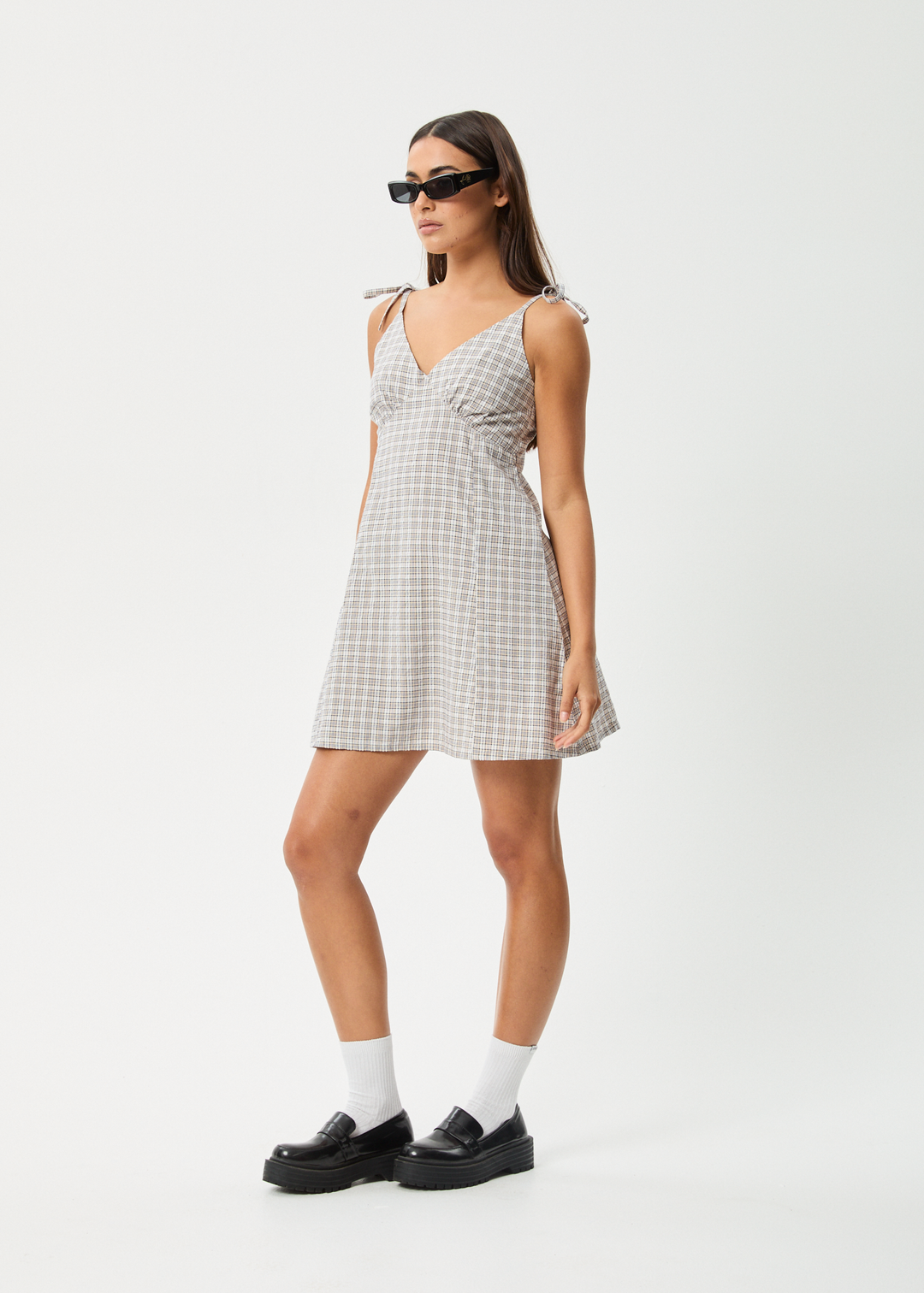 AFENDS Womens Drew - Seersucker Mini Dress - Taupe Check