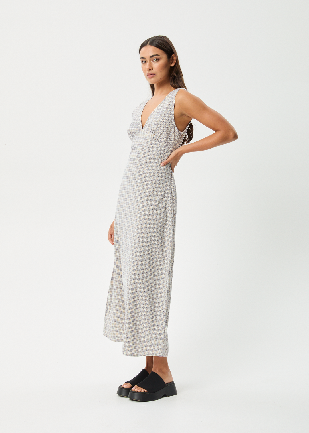 AFENDS Womens Drew - Seersucker Maxi Dress - Taupe Check