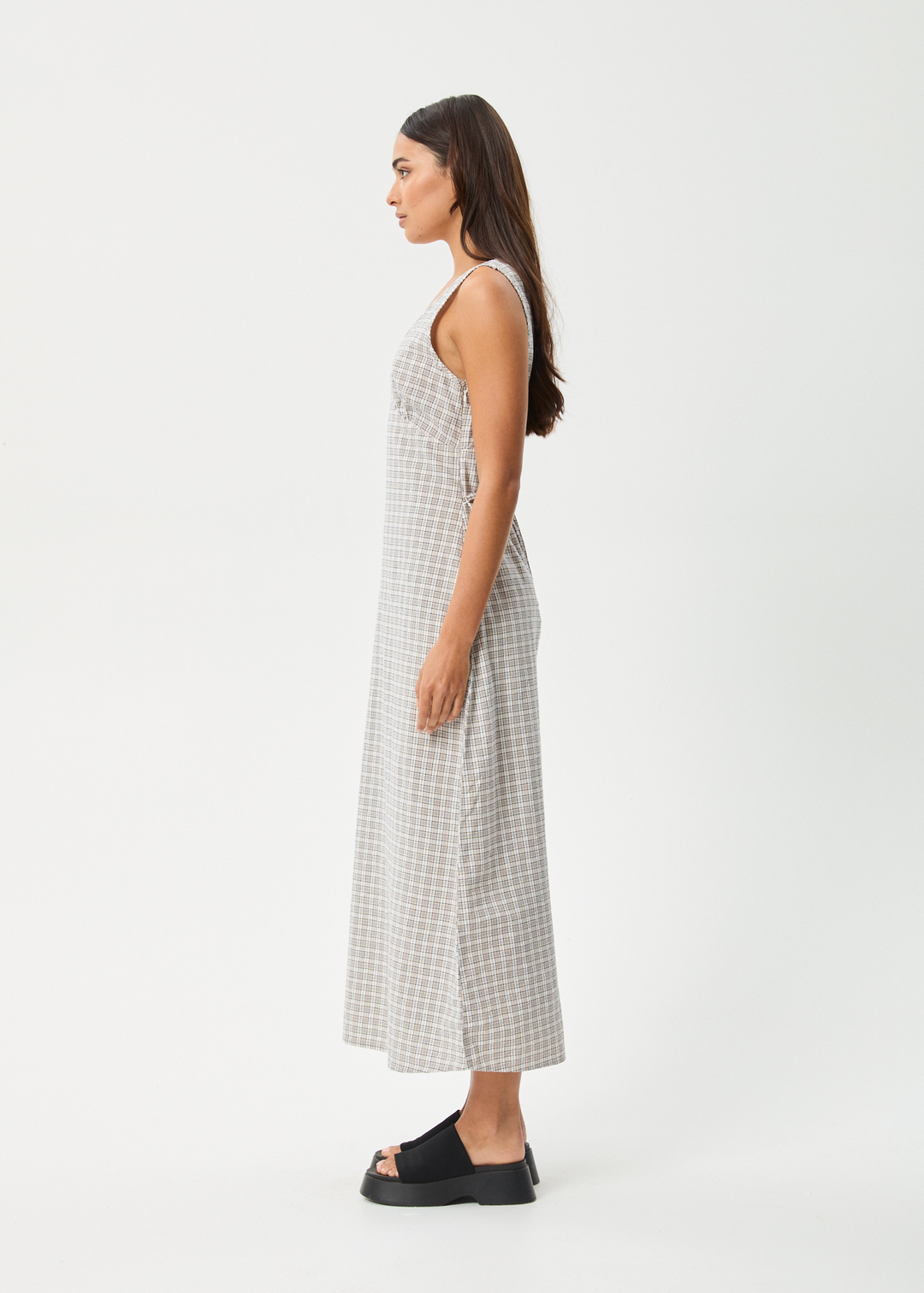 AFENDS Womens Drew - Seersucker Maxi Dress - Taupe Check