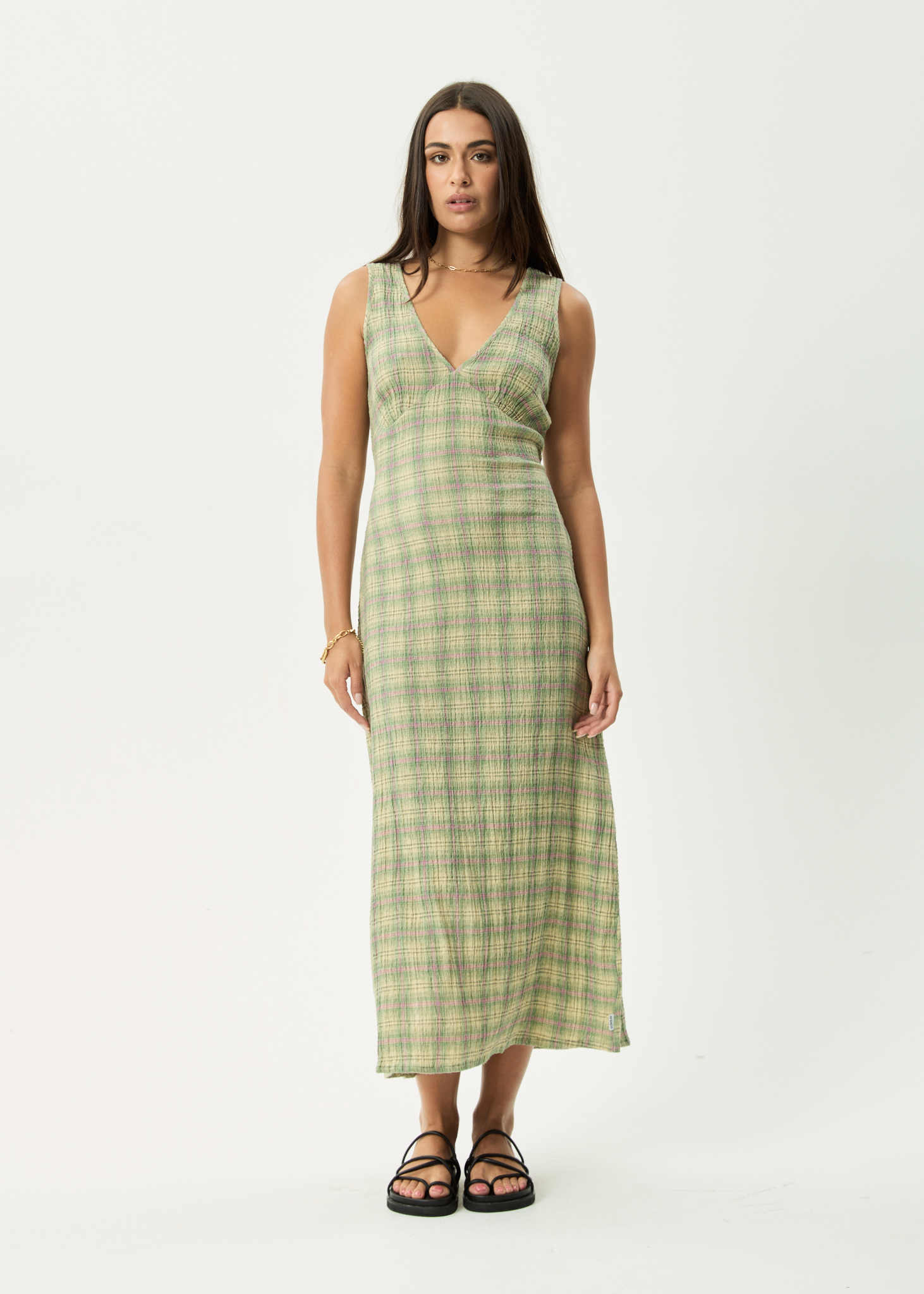 AFENDS Womens Position - Seersucker Maxi Dress - Green Check