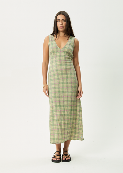 AFENDS Womens Position Tully - Seersucker Maxi Dress - Green Check