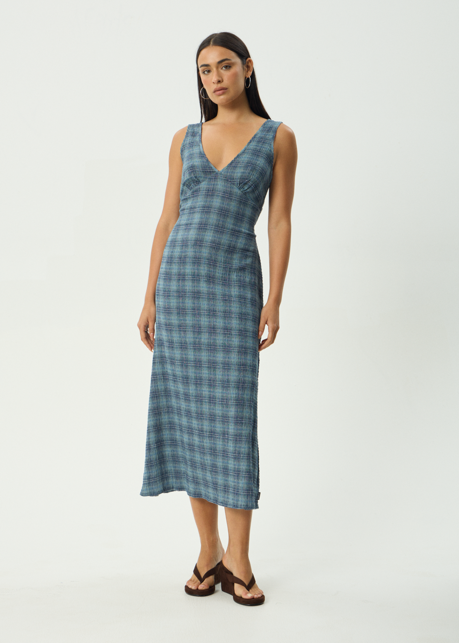 AFENDS Womens Position - Seersucker Check Maxi Dress - Navy Check