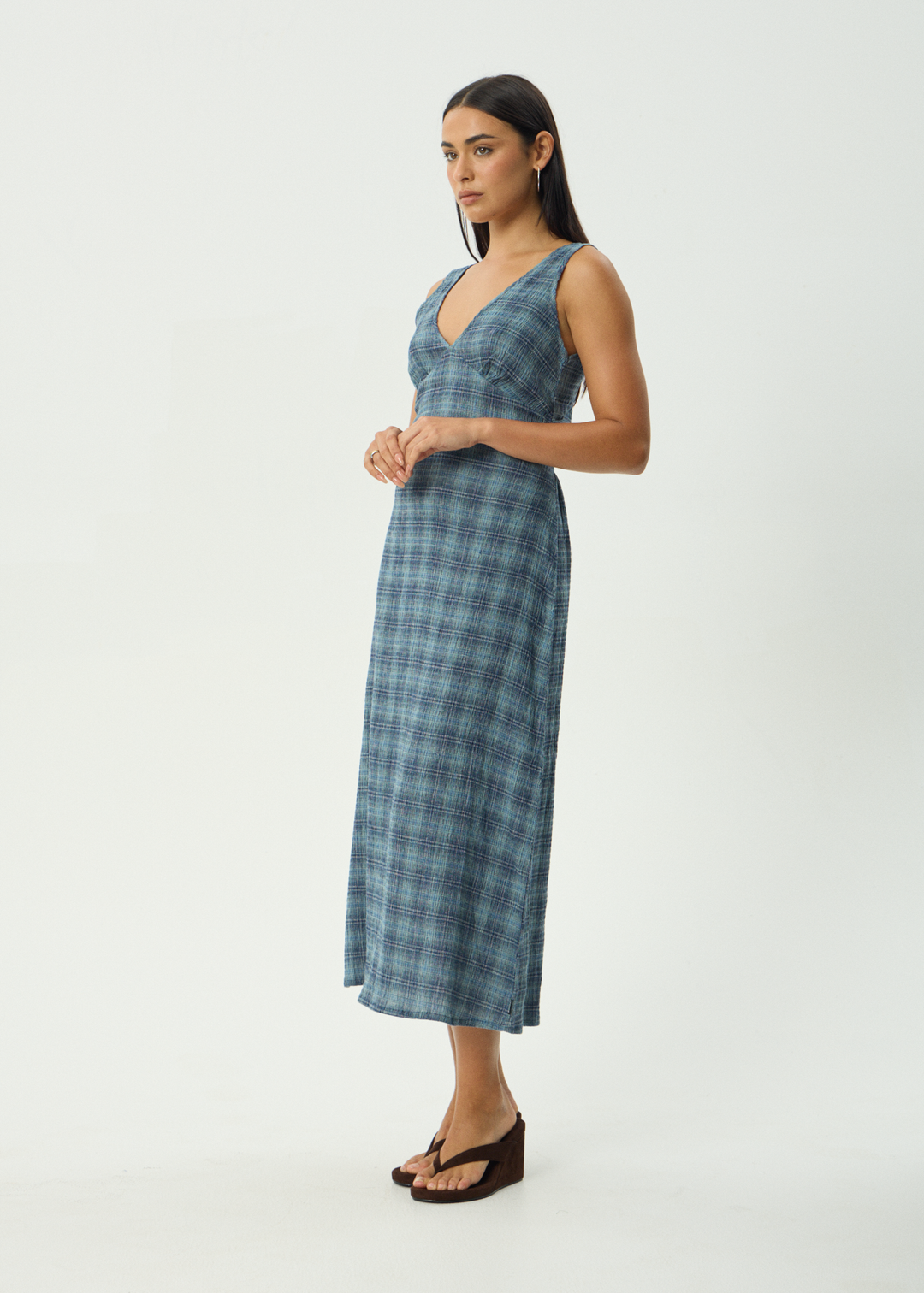 AFENDS Womens Position - Seersucker Check Maxi Dress - Navy Check