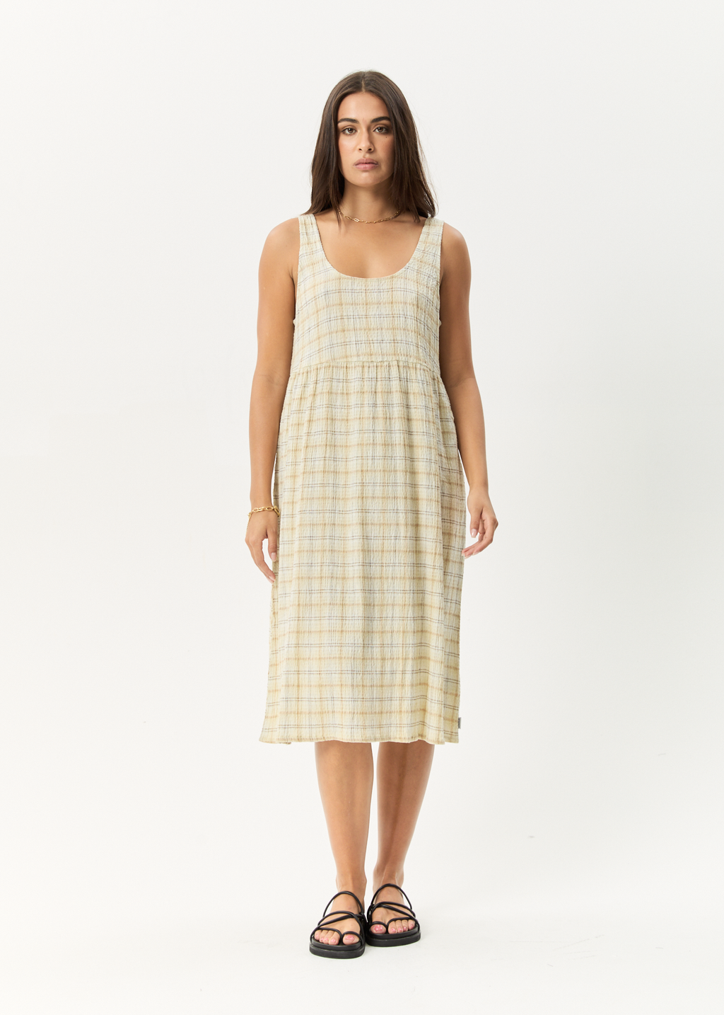 AFENDS Womens Position - Seersucker Midi Dress - Tan Check