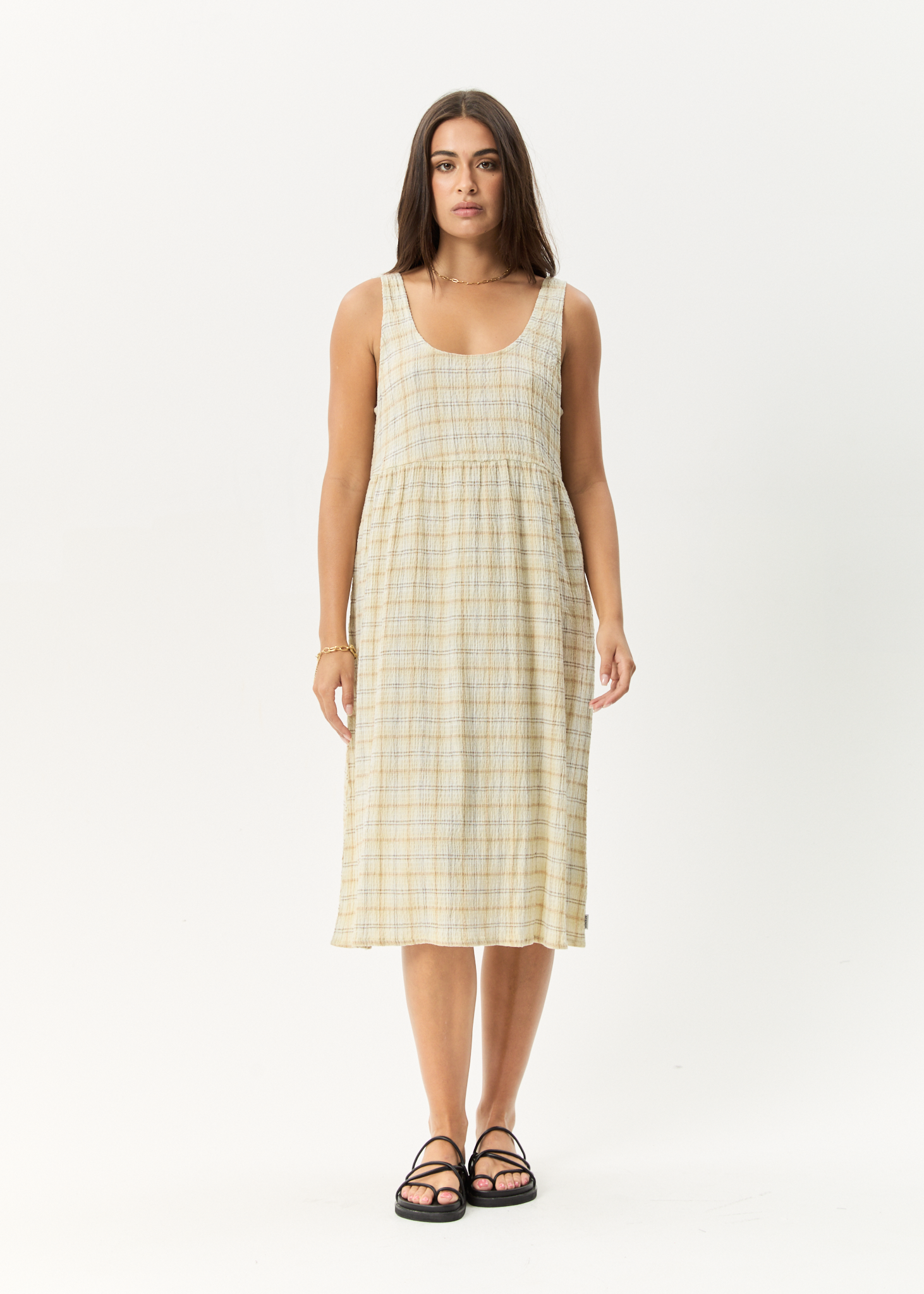 AFENDS Womens Position - Seersucker Midi Dress - Tan Check