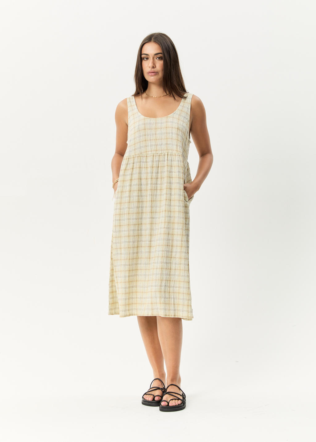 AFENDS Womens Position - Seersucker Midi Dress - Tan Check