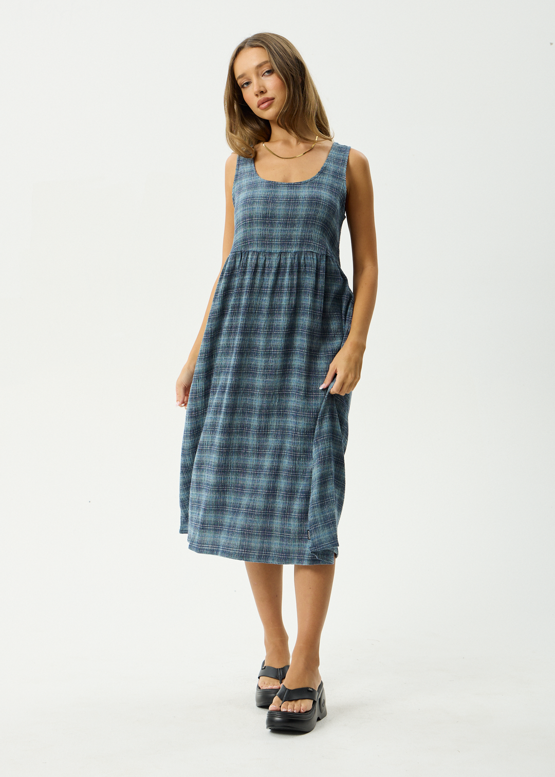 AFENDS Womens Position - Seersucker Midi Dress - Navy Check