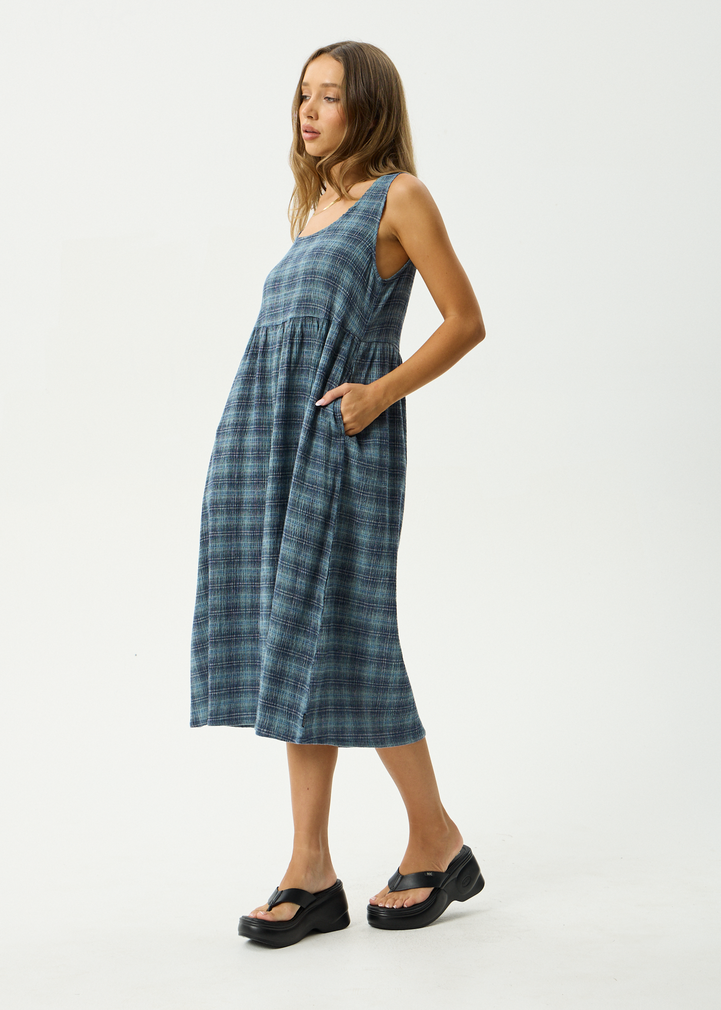 AFENDS Womens Position - Seersucker Midi Dress - Navy Check