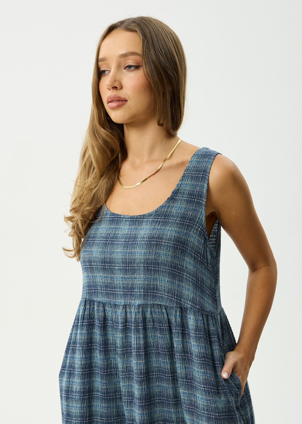 AFENDS Womens Position - Seersucker Midi Dress - Navy Check