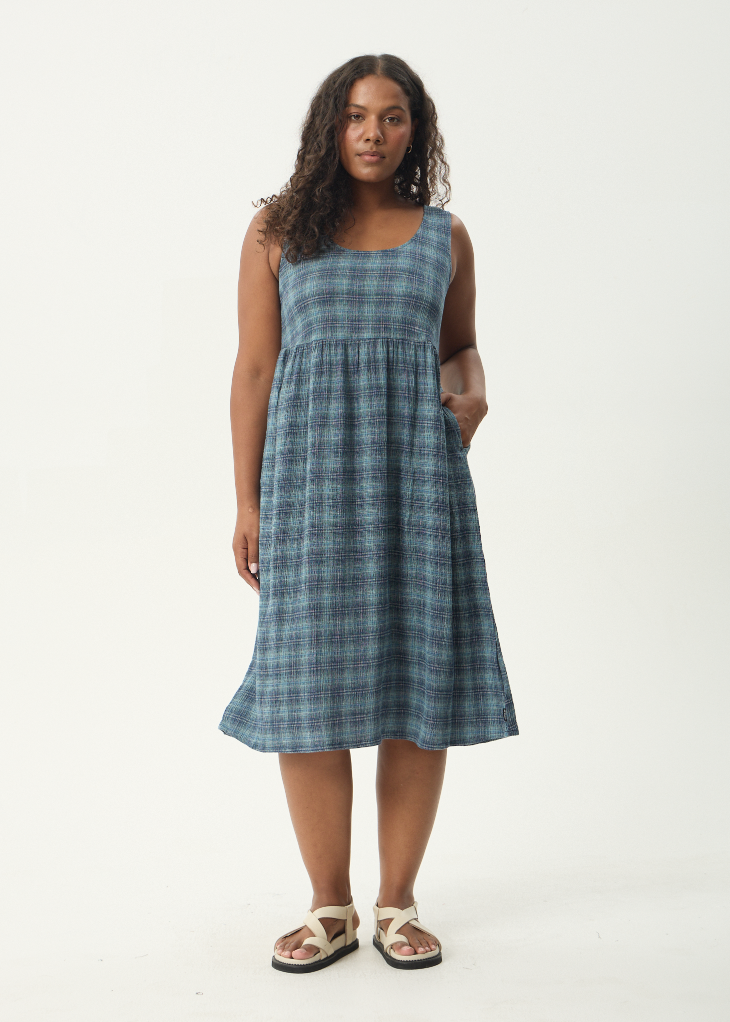 AFENDS Womens Position - Seersucker Midi Dress - Navy Check, XL AFENDS Womens Position - Seersucker Midi Dress - Navy Check, XL