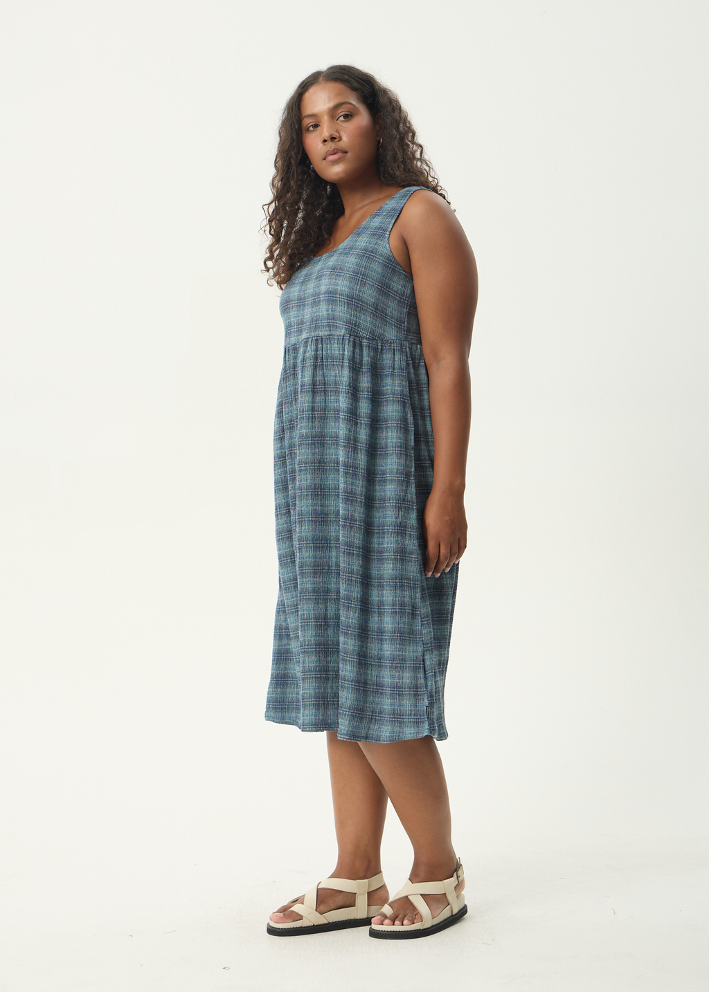 AFENDS Womens Position - Seersucker Midi Dress - Navy Check